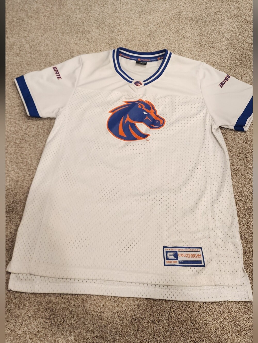 Boise State White Mesh Football Jersey with Blue and Orange Logo